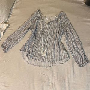 Flowy old navy peasant top light blue and white boho western print